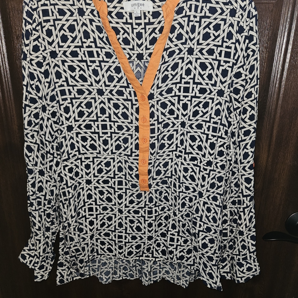 Umgee Navy and White Geometric Tunic with Orange Placket